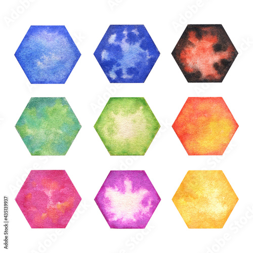 Watercolor set of multicolored crystals. High resolution watercolor abstraction in blue, green, orange, pink, black colors for design, textures, decor, textiles, fabrics, templates, cards, patterns