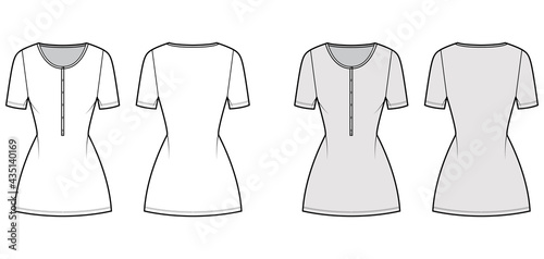 Dress henley collar technical fashion illustration with short sleeves, fitted body, mini length pencil skirt. Flat apparel front, back, white, grey color style. Women, men unisex CAD mockup