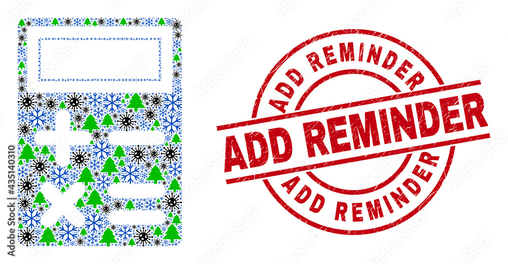 Winter Covid collage calculator, and Add Reminder red round stamp seal. Collage calculator is formed of Covid, fir-tree, and snowflake symbols. Red Add Reminder stamp uses circles and lines. Winter Covid collage calculator, and Add Reminder red round stamp seal. Collage calculator is formed of Covid, fir-tree, and snowflake symbols. Red Add Reminder stamp uses circles and lines.