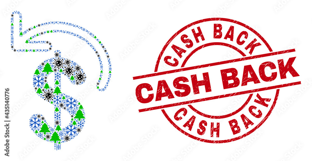 Winter Covid-2019 collage dollar refund, and distress Cash Back red round stamp. Mosaic dollar refund is organized of Covid-2019, forest, and ice crystal symbols. Winter Covid-2019 collage dollar refund, and distress Cash Back red round stamp. Mosaic dollar refund is organized of Covid-2019, forest, and ice crystal symbols.