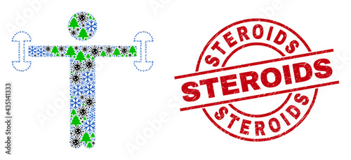 Winter pandemic collage fitness person, and grunge Steroids red round watermark. Collage fitness person is composed with Covid-2019 virus, forest, and snow icons.