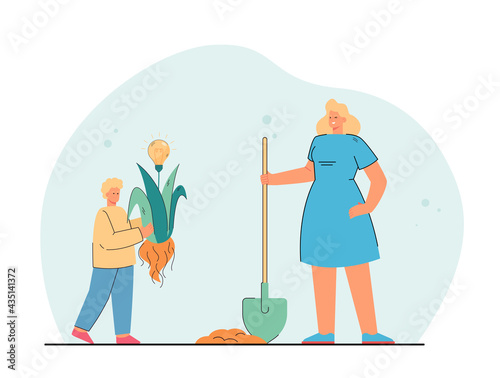 Mother and son planting creative idea. Flat vector illustration. Woman with shovel helping little boy with bedding out plant with yellow bulb. Creativity, parenthood, care, help, idea, talent concept