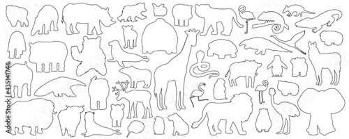 Big set of doodle cartoon isolated African American forest animals icons. Vector outline tiger lion rhinoceros buffalo zebra elephant giraffe crocodile tapir hippo bear orangutan penguin flamingo