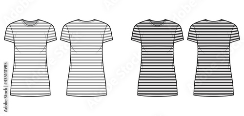 Dress sailor technical fashion illustration with stripes, short sleeves, oversized body, mini length pencil skirt. Flat apparel front, back, white, grey color style. Women, men unisex CAD mockup