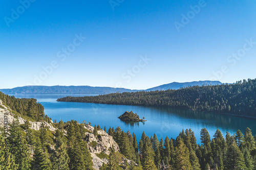 Emerald Bay, Lake Tahoe, California with view of Fannette island on clear day