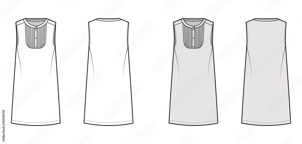 Fototapeta premium Dress bib pintucked technical fashion illustration with sleeveless, oversized body, knee length pencil skirt, henley neckline. Flat apparel front, back, white, grey color style. Women, men CAD mockup