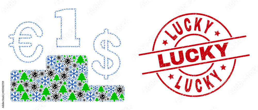 Obraz premium Winter Covid-2019 collage currency pedestal, and textured Lucky red round stamp print. Collage currency pedestal is constructed of Covid, fir-tree, and snow items.