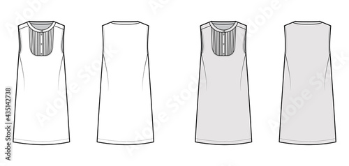 Dress bib pintucked technical fashion illustration with sleeveless  oversized body  knee length pencil skirt  henley neckline. Flat apparel front  back  white  grey color style. Women  men CAD mockup