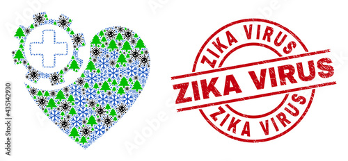 Winter pandemic collage heart gear, and Zika Virus red round stamp seal. Mosaic heart gear is made with coronavirus, forest, and snowflake symbols. Red Zika Virus stamp uses circles and lines.