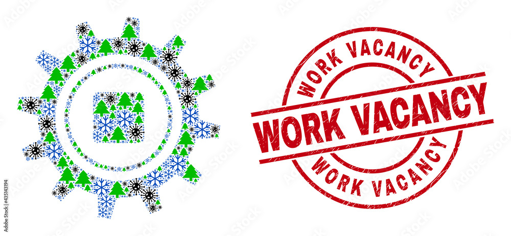 Obraz premium Winter viral collage gear, and textured Work Vacancy red round stamp seal. Mosaic gear is created of coronavirus, fir-tree, and snowflake symbols. Red Work Vacancy stamp seal uses circles and lines.