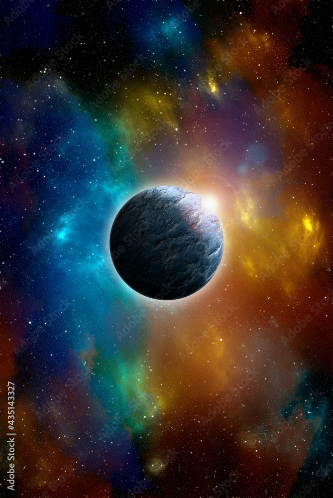 Unknown planet from outer space. Space nebula. Cosmic cluster of stars. Outer space background. 3D Illustration
