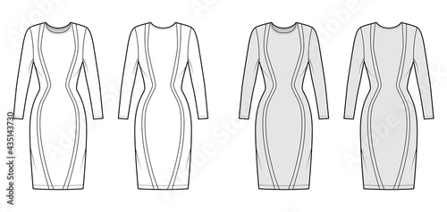 Dress panel technical fashion illustration with hourglass silhouette, long sleeves, fitted body, knee length pencil skirt. Flat apparel front, back, white, grey color style. Women, unisex CAD mockup