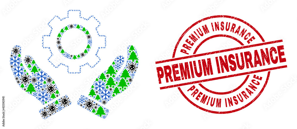 Obraz premium Winter Covid-2019 composition gear care hands, and scratched Premium Insurance red round stamp seal. Mosaic gear care hands is composed of Covid, fir-tree, and frost icons.