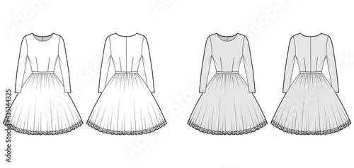 Dress tutu technical fashion illustration with long sleeves, fitted body, knee length circular skirt. Flat ballet apparel front, back, white, grey color style. Women, men unisex CAD mockup
