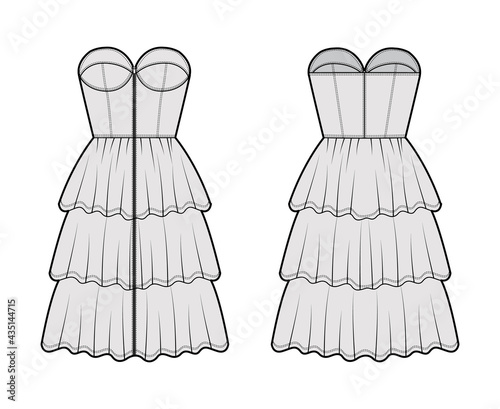 Zip-up bustier dress technical fashion illustration with strapless, fitted body, 3 row knee length ruffle tiered skirt. Flat apparel front, back, grey color style. Women, men unisex CAD mockup
