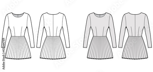 Dress pleated technical fashion illustration with long sleeves, fitted body, mini length skirt. Flat apparel front, back, white, grey color style. Women, men unisex CAD mockup