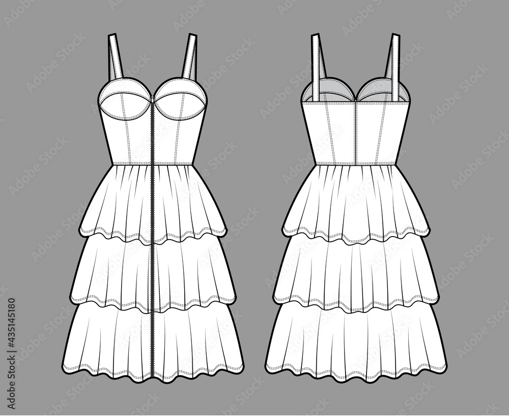 Zip-up bustier dress technical fashion illustration with sleeveless, fitted body, 3 row knee length ruffle tiered skirt. Flat apparel front, back, white color style. Women, men unisex CAD mockup