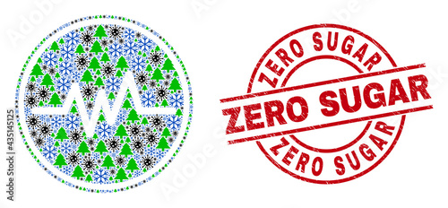 Winter pandemic composition pulse signal, and grunge Zero Sugar red round stamp imitation. Collage pulse signal is composed of flu infection, forest, and frost icons.