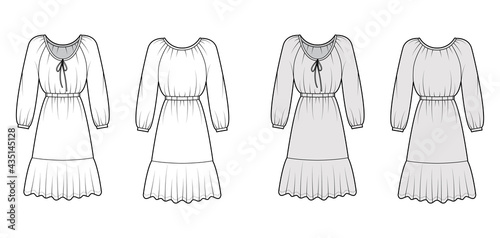 Dress peasant technical fashion illustration with long sleeves, fitted body, knee length peplum pencil skirt. Flat apparel front, back, white, grey color style. Women, men unisex CAD mockup