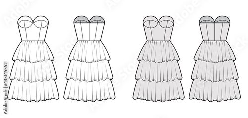Strapless dress bustier technical fashion illustration with fitted body, 3 row knee length ruffle tiered skirt. Flat garment apparel front, back, white, grey color style. Women, men, unisex CAD mockup