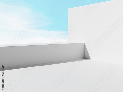 3D Rendering Pure White Minimal Architectural Outdoor Skyline Product Display Background for Beauty, Health and Medical Products.