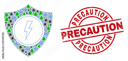 Winter Covid-2019 mosaic electric shield, and dirty Precaution red round stamp print. Mosaic electric shield is formed of flu infection, fir-tree, and snow flake icons.