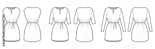 Set of dresses tunic technical fashion illustration with tie, long elbow sleeves, oversized body, mini length skirt, slashed neck. Flat apparel front, back, white color style. Women, men CAD mockup