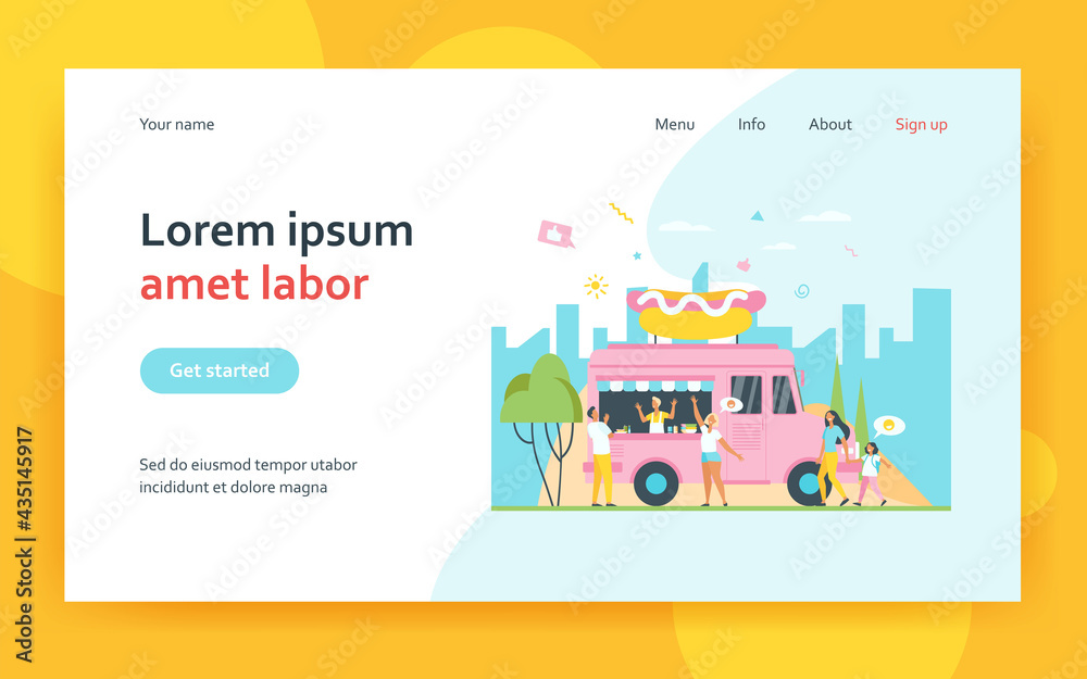 People visiting street food festival and buying snacks in trucks. Flat vector illustration for fair, summer event, market, vendors concept