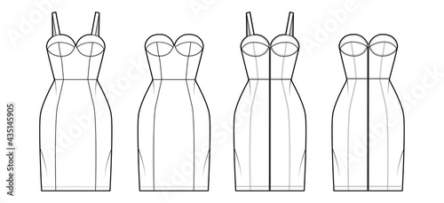 Set of dresses Zip-up tube denim technical fashion illustration with bustier, sleeveless, strapless, fitted body, knee length skirt. Flat apparel front, white color style. Women, men unisex CAD mockup