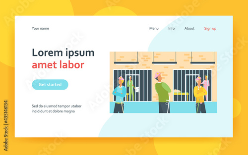 Criminals and guards in state prison. Policemen watching prisoners in cells of police department. Vector illustration for investigation, justice, jail concept