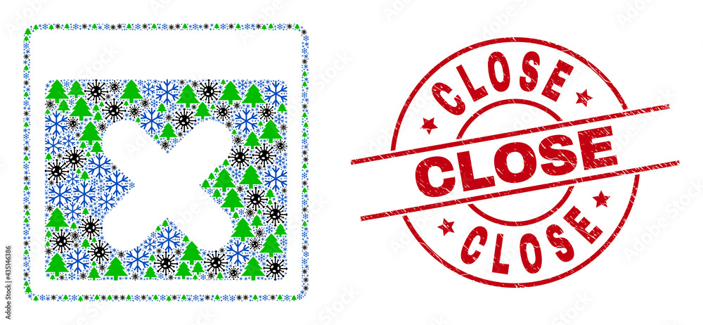 Winter Covid composition close application window, and unclean Close red round badge. Collage close application window is composed from Covid, green tree, and ice crystal items. Winter Covid composition close application window, and unclean Close red round badge. Collage close application window is composed from Covid, green tree, and ice crystal items.