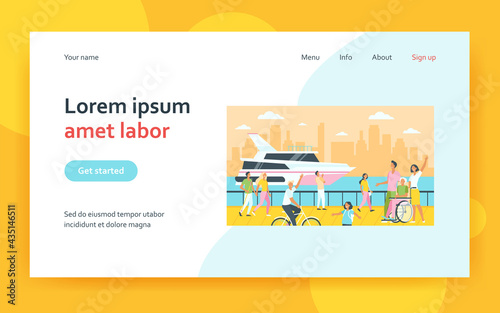 People enjoying vacation and walking by sea or river, waving hello at boat. Flat vector illustration for tourists, seaside, quay, leisure time in summer concept
