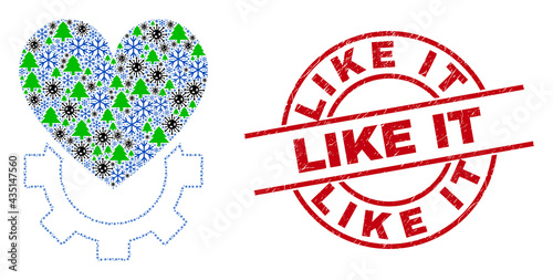 Winter coronavirus collage love gear, and unclean Like It red round stamp. Collage love gear is constructed from virus, forest, and snow symbols. Red Like It stamp seal uses circles and lines.