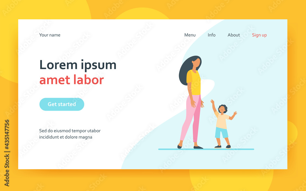 Little son reaching arms to his mom. Woman and kid walking together flat vector illustration. Motherhood, parenthood, childcare concept for banner, website design or landing web page
