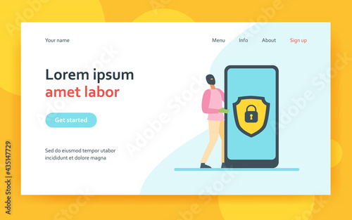 Data protection on mobile phone. Hacker stealing personal data flat vector illustration. Hacking, fraud, digital security concept for banner, website design or landing web page