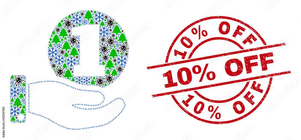 Winter viral collage coin donation hand, and unclean 10% Off red round badge. Collage coin donation hand is created with infection, fir-tree, and snow flake items. Winter viral collage coin donation hand, and unclean 10% Off red round badge. Collage coin donation hand is created with infection, fir-tree, and snow flake items.