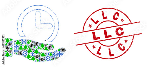 Winter viral mosaic time service hand, and grunge Llc red round stamp. Collage time service hand is formed with Covid, forest, and frost symbols. Red Llc stamp uses circles and lines.