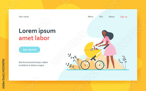 New mom walking with baby outside. Woman reaching arms to stroller with kid flat vector illustration. Motherhood, parenting, childcare concept for banner, website design or landing web page