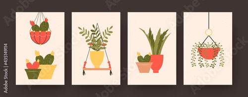 Set of contemporary art posters with potted cactuses and flowers. Hanging and potted plants pastel vector illustrations. Houseplants concept for kitchen or living room designs, social media, postcards
