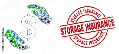 Winter Covid-2019 mosaic hands care dollar  and unclean Storage Insurance red round stamp. Mosaic hands care dollar is constructed with Covid-2019 virus  fir-tree  and ice crystal items.