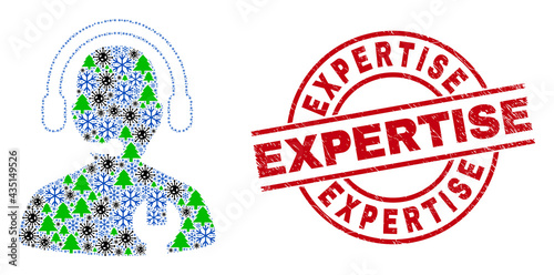 Winter pandemic collage call center serviceman, and textured Expertise red round seal. Collage call center serviceman is composed of flu virus, fir tree, and frost symbols.