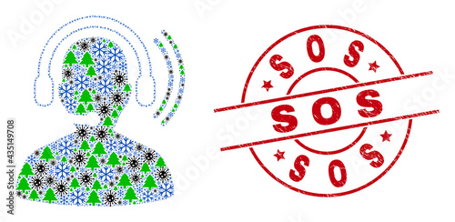 Winter Covid-2019 collage radio operator headset, and textured Sos red round badge. Collage radio operator headset is done from Covid-2019, green tree, and frost icons.