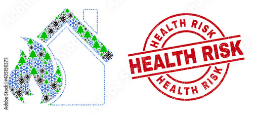 Winter pandemic collage house fire damage, and textured Health Risk red round seal. Collage house fire damage is designed from Covid, green tree, and frost items.