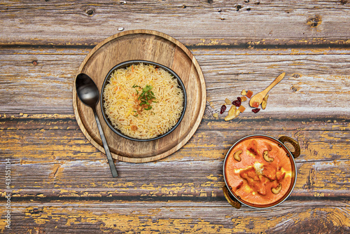 top view of indian food dishes in restaurant with vintage