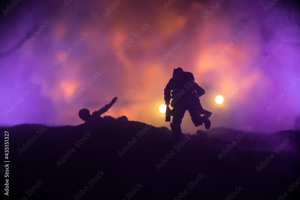 War Concept. Military silhouettes fighting scene on war fog sky background, World War Soldiers Silhouette Below Cloudy Skyline At night. Battle in ruined city. Selective focus War Concept. Military silhouettes fighting scene on war fog sky background, World War Soldiers Silhouette Below Cloudy Skyline At night. Battle in ruined city. Selective focus