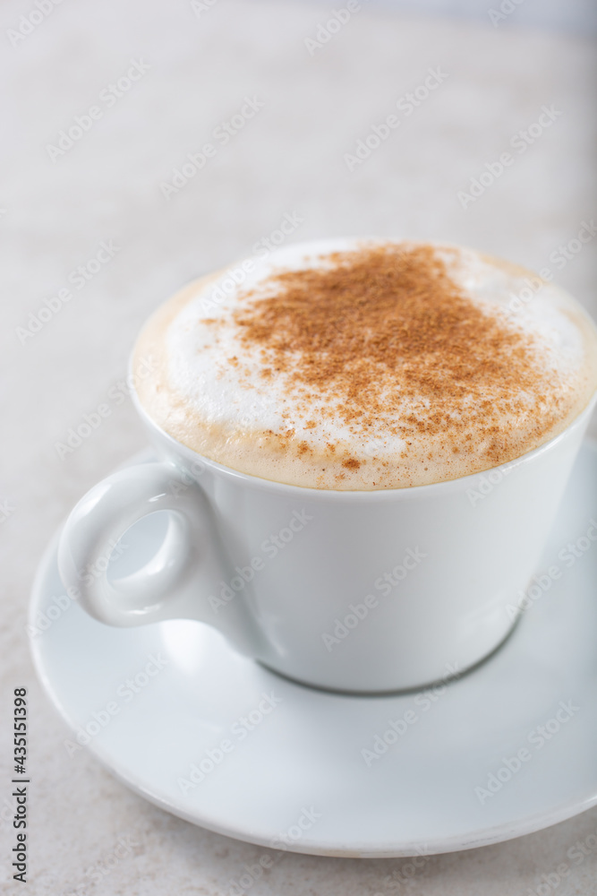 A view of a cappuccino coffee mug, garnished with foam and cinnamon.