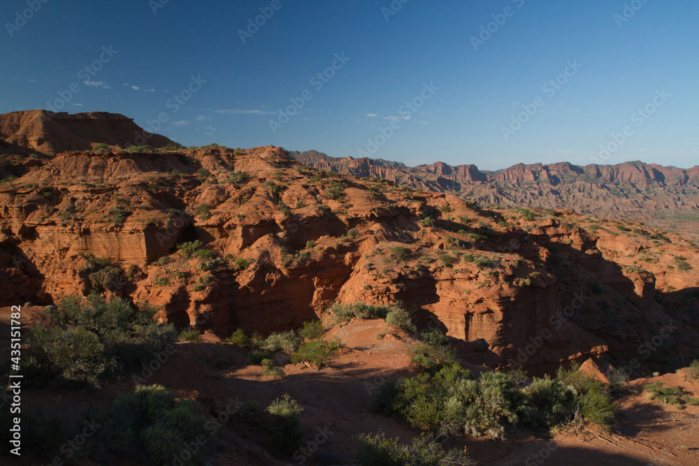 Travel. Desert landscape. Panorama view of the red desert, sandstone, cliffs and rocky mountains under a blue sky in the early morning. 