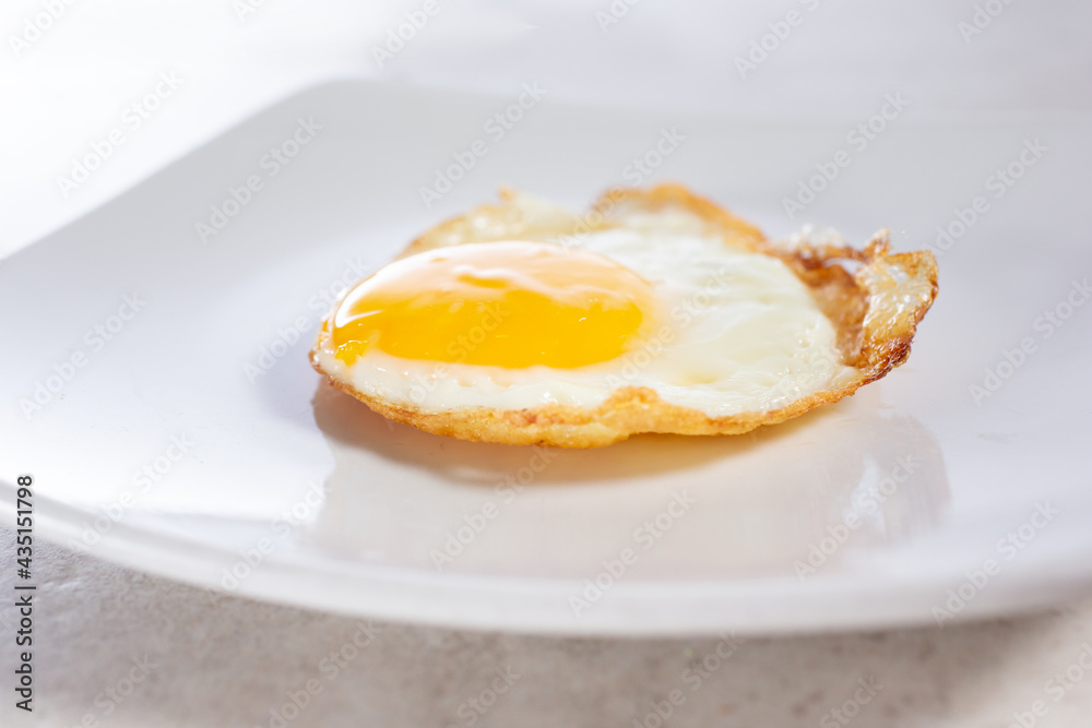 A closeup view of a plate of one fried egg. A closeup view of a plate of one fried egg.