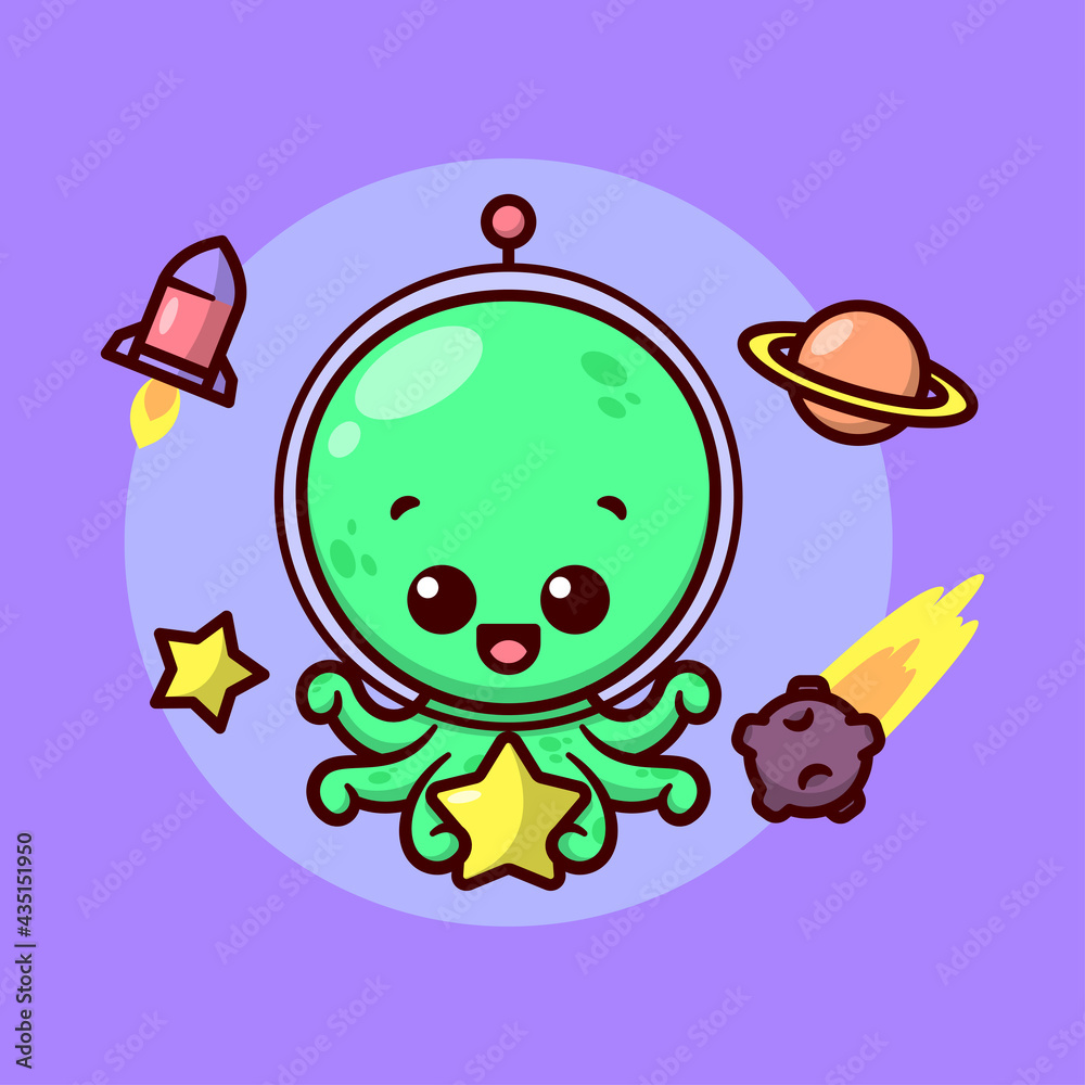 Obraz premium CUTE GREEN ALIEN WITH SIX TENTACLES IS HOLDING A YELLOW STAR AND WEARING A GLASS HELMET. HIGH QUALITY CARTOON MASCOT AND CHARACTER DESIGN.