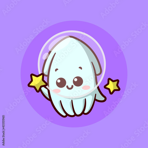CUTE LITTLE SQUID IS WEARING A GLASS HELMET AND HOLDING A LITTLE YELLOW STAR. CARTOON MASCOT AND CHARACTER.